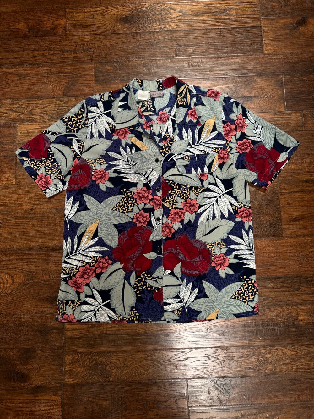 Vintage Bora Bora Hawaiian Shirt Tropical Floral Camp Shirt Navy Multicolor MED
